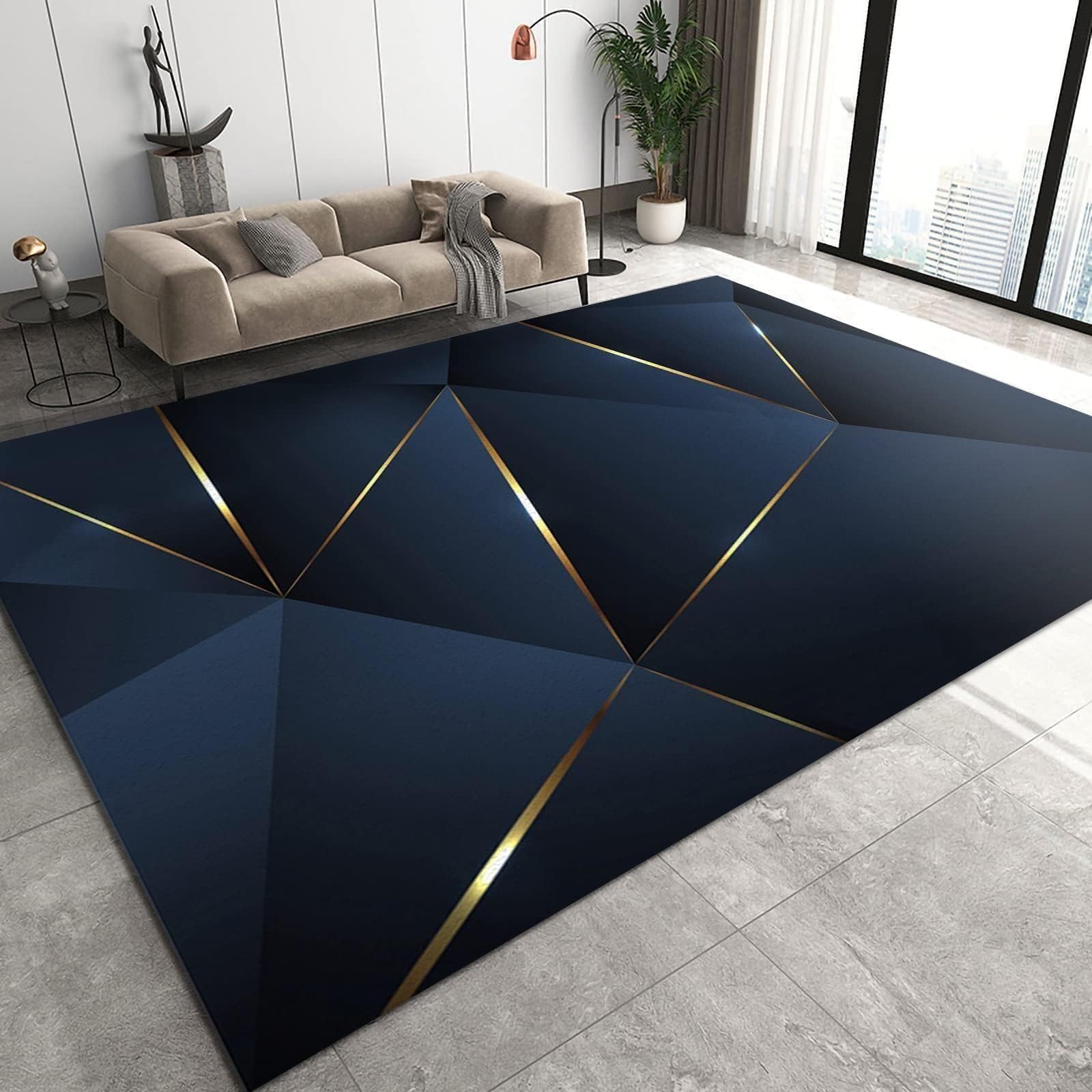 TIMOILU 6x8 Area Rug Light Luxury Blue Gold Irregular Line Large Bedroom Rug, Modern Triangle Geometric Patchwork Bedroom Rug Under Queen Size Bed