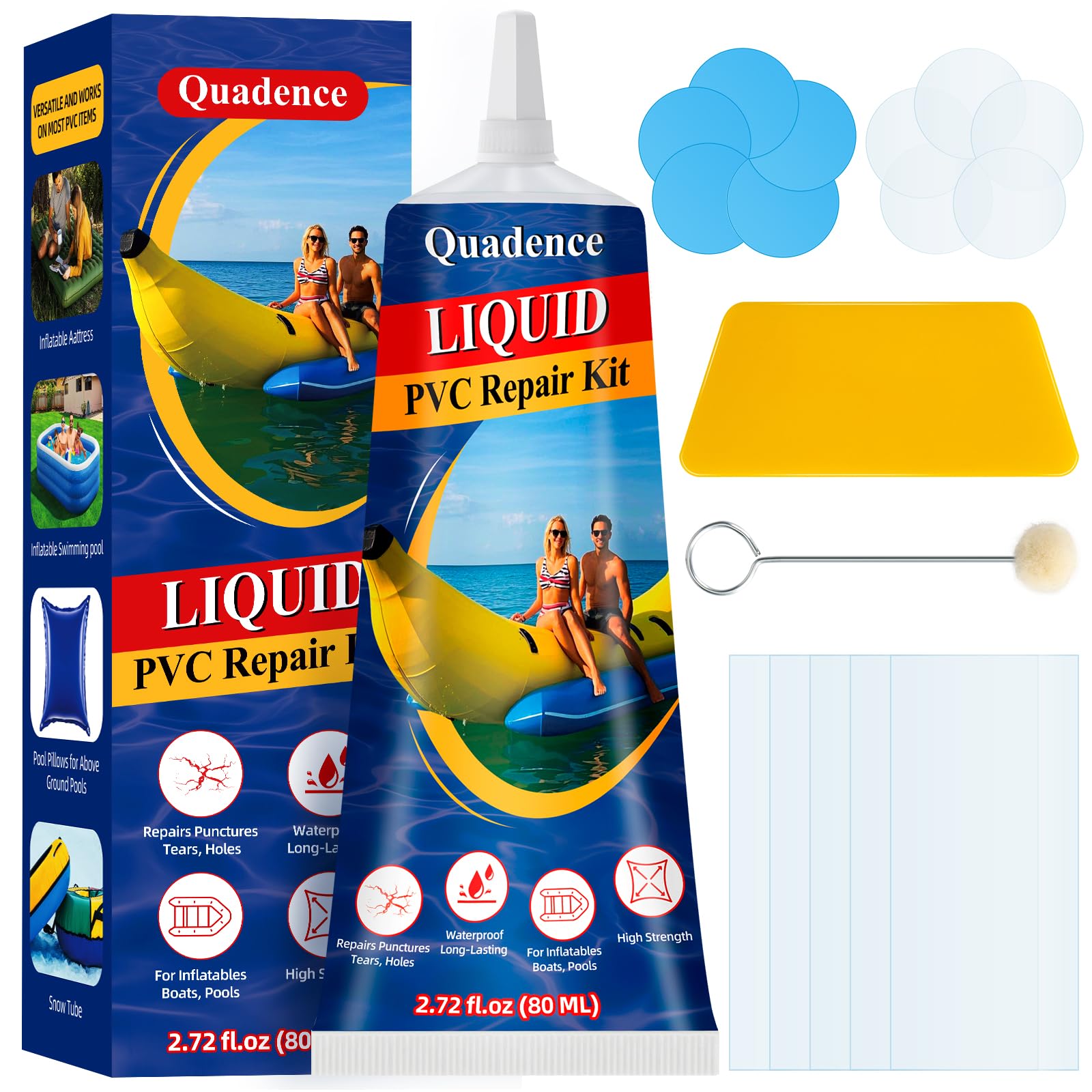 Quadence Heavy Duty Vinyl Repair Kit for Air Mattress, Waterproof Air Mattress Patch Kit Inflatable Repair Kit for PVC Boats, Raft, Kayak, Swimming Ring, Inflatable Toys, Vinyl Glue for Boats (80 ML)