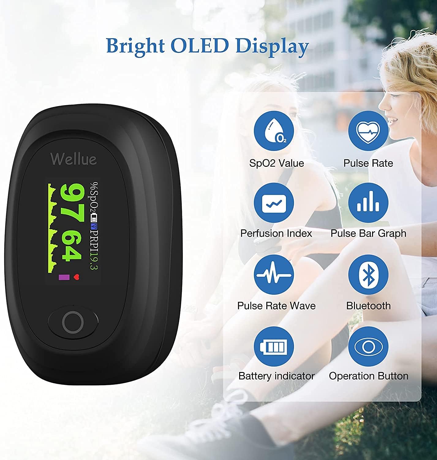 Wellue Oxymètre de Doigt avec Bluetooth & App, Oxymètre de Pouls Électronique Numérique avec Moniteur de Fréquence Cardiaque Saturomètre Capteur d'Oxygène Ecran LED-Étui