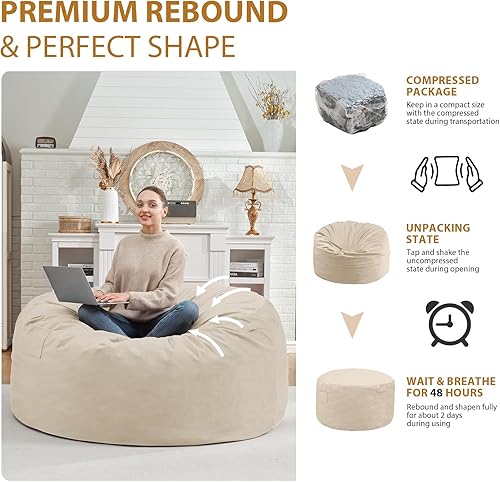 Miniatura 6 de Puf de 4 pies, puf grande con relleno de espuma viscoelástica, sofá puff esponjoso con funda de terciopelo holandés, puf redondo para sala de estar,