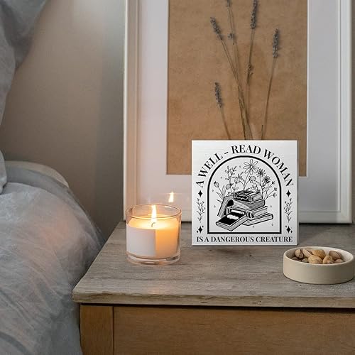 Miniatura 5 de Letrero de madera con texto en inglés A Well Read Woman Is A Dangerous Creature, Book Worm Nerd para el hogar, dormitorio, lector de libros,