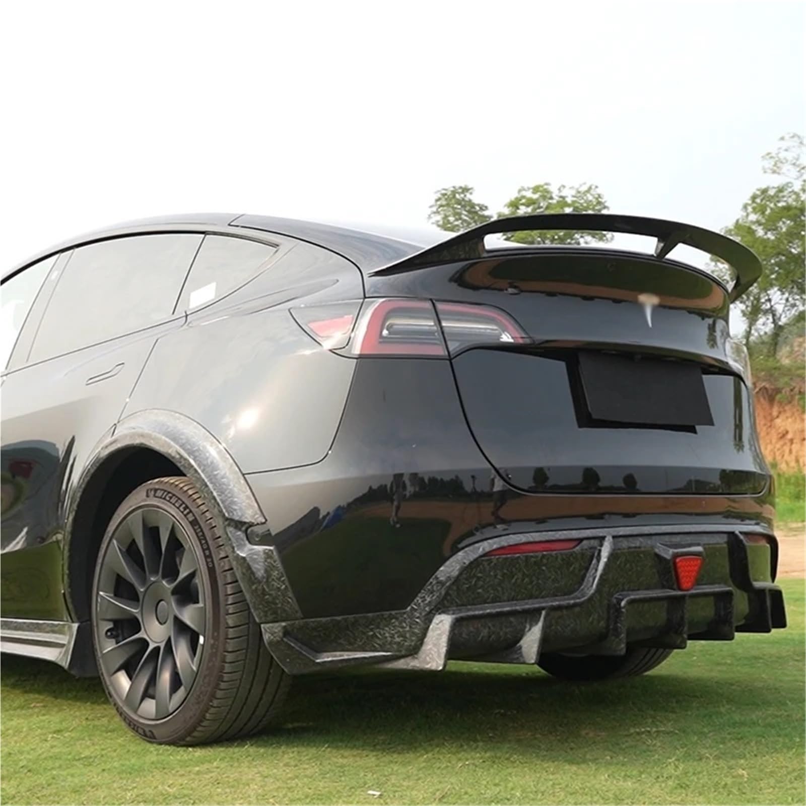 Kompatybilny z Tesla 2021-2024 Model Y bagażnik jasna czerń i wzór z włókna węglowego ABS pokrywa spojler skrzydło tylna klapa samochodu Body Kit akcesoria(Matte black)