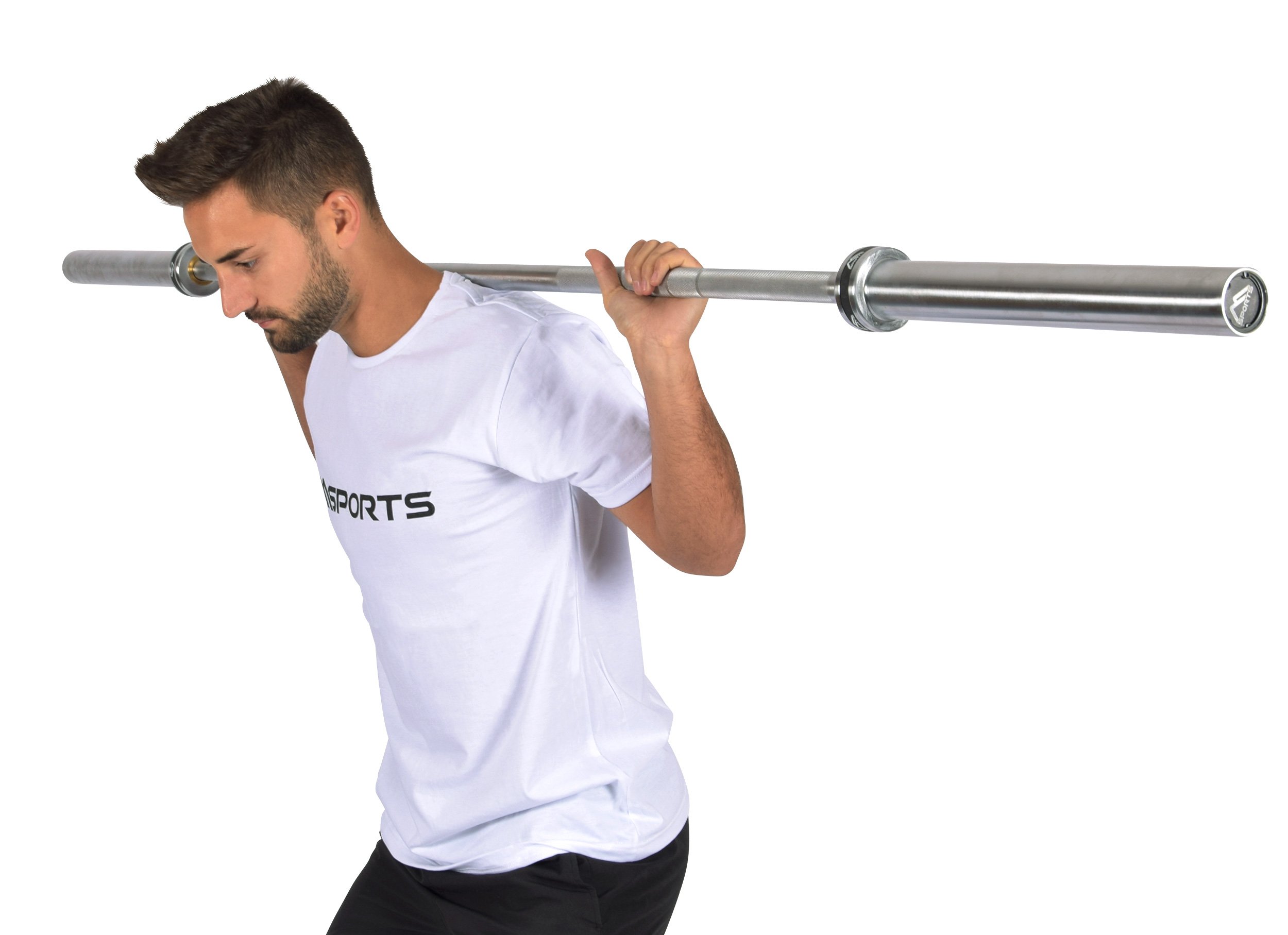MSPORTS Langhantelstange Olympia Professional Silber Matt | Premium Qualität - Kugelgelagert - 50 mm Bohrung - gerändelte Grifffläche | Langhantel