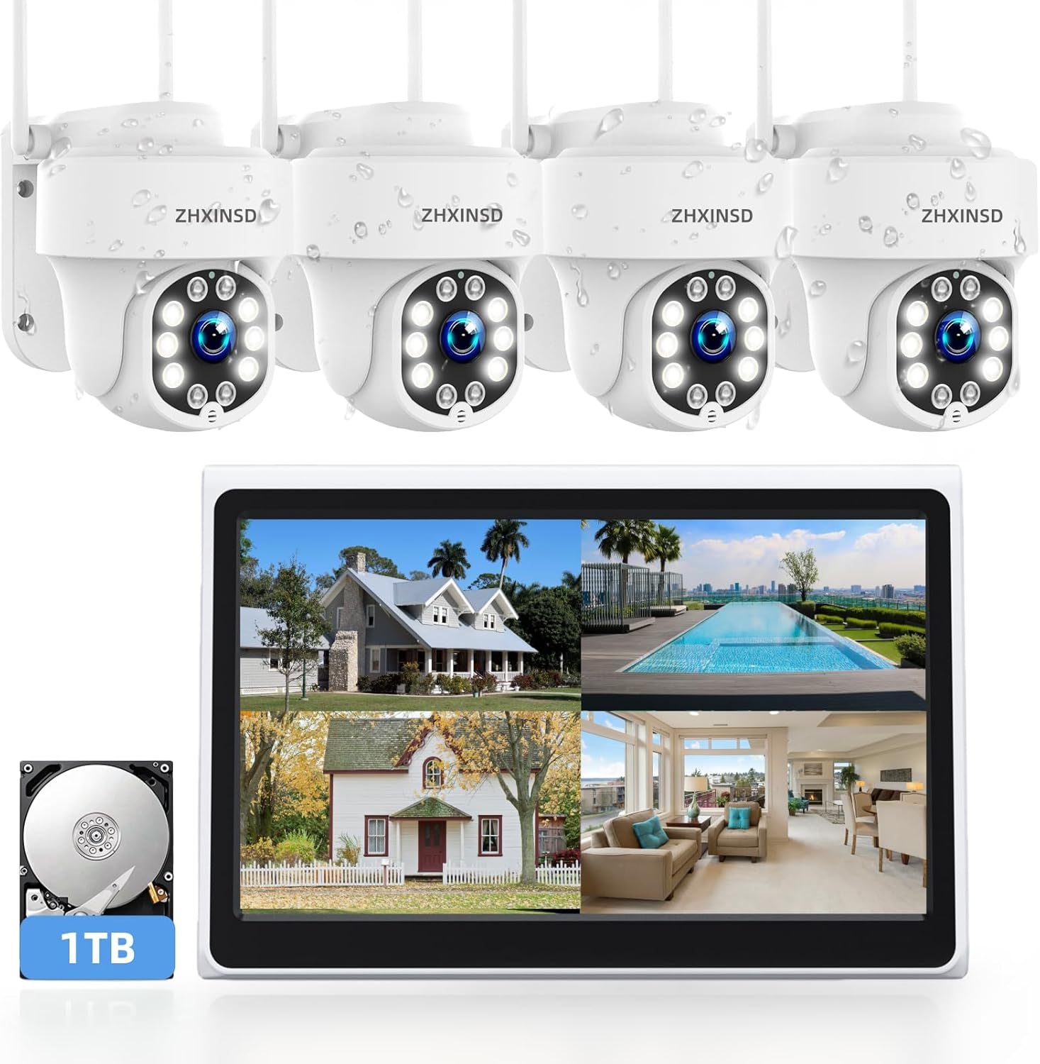 ZHXISND 5MP 10CH Home Security Camera System Outdoor, 5G/2.4G WiFi 4K Surveillance 10" Monitor with 1TB HDD for 24/7 Recording, Auto-Tracking, Color Night Vision, DC Power Plug-in, 0 Monthly Fee