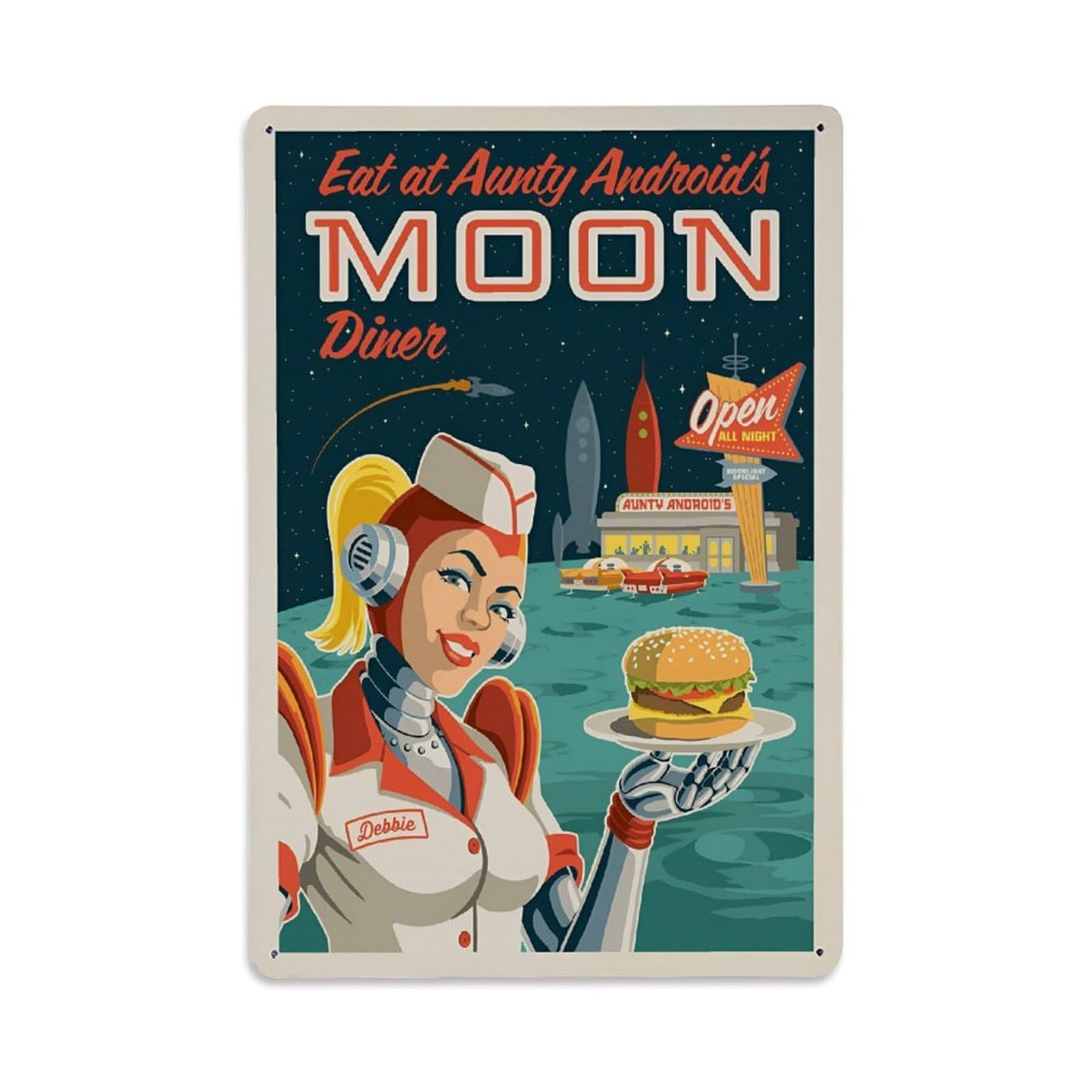 Vintage Space Poster Auntie Android's Moon Diner Metal Tin Sign Wall Decor for Cafe, Club, Garden Metal Poster 8x12Inch