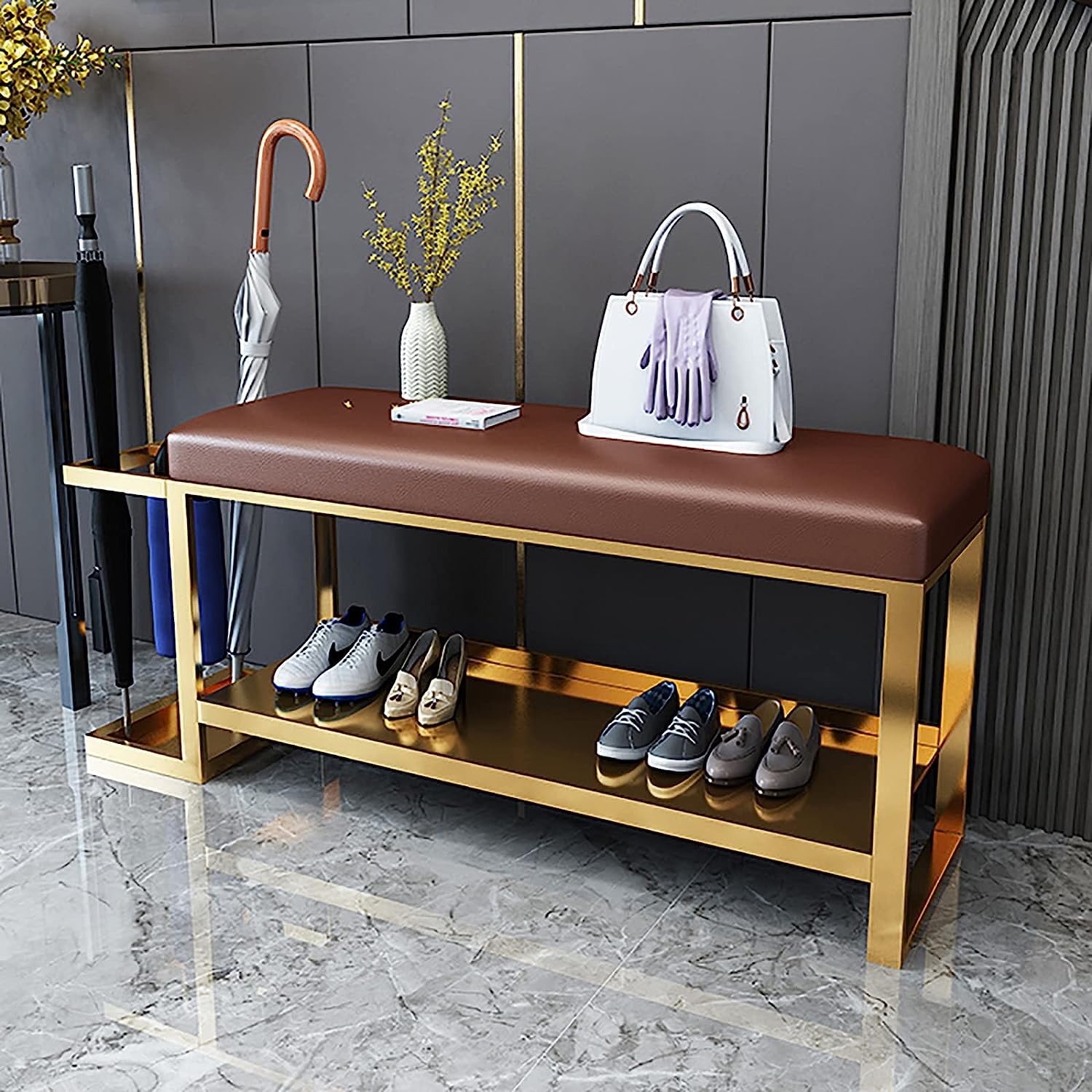 Banc à chaussures doré en métal et cuir souple avec porte-parapluie 39x13cm