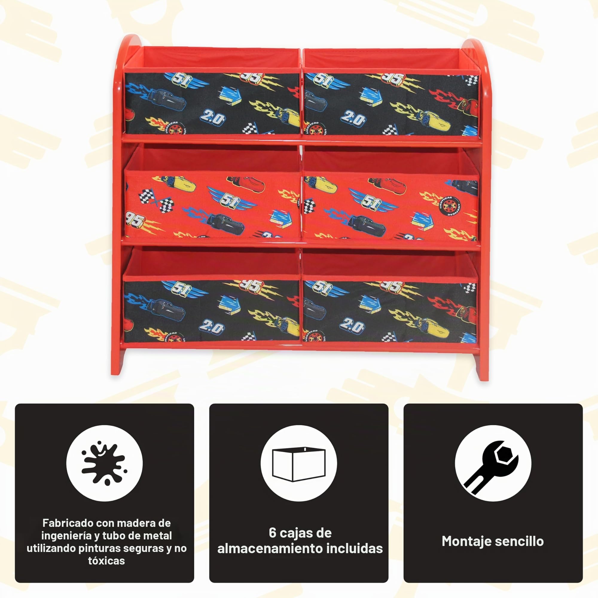 Disney Cars Rayo Mcqueen Unidad de almacenamiento de juguetes hecha de madera, tela y metal; sistema organizador con 6 cajas para dormitorio, fácil montaje y limpieza