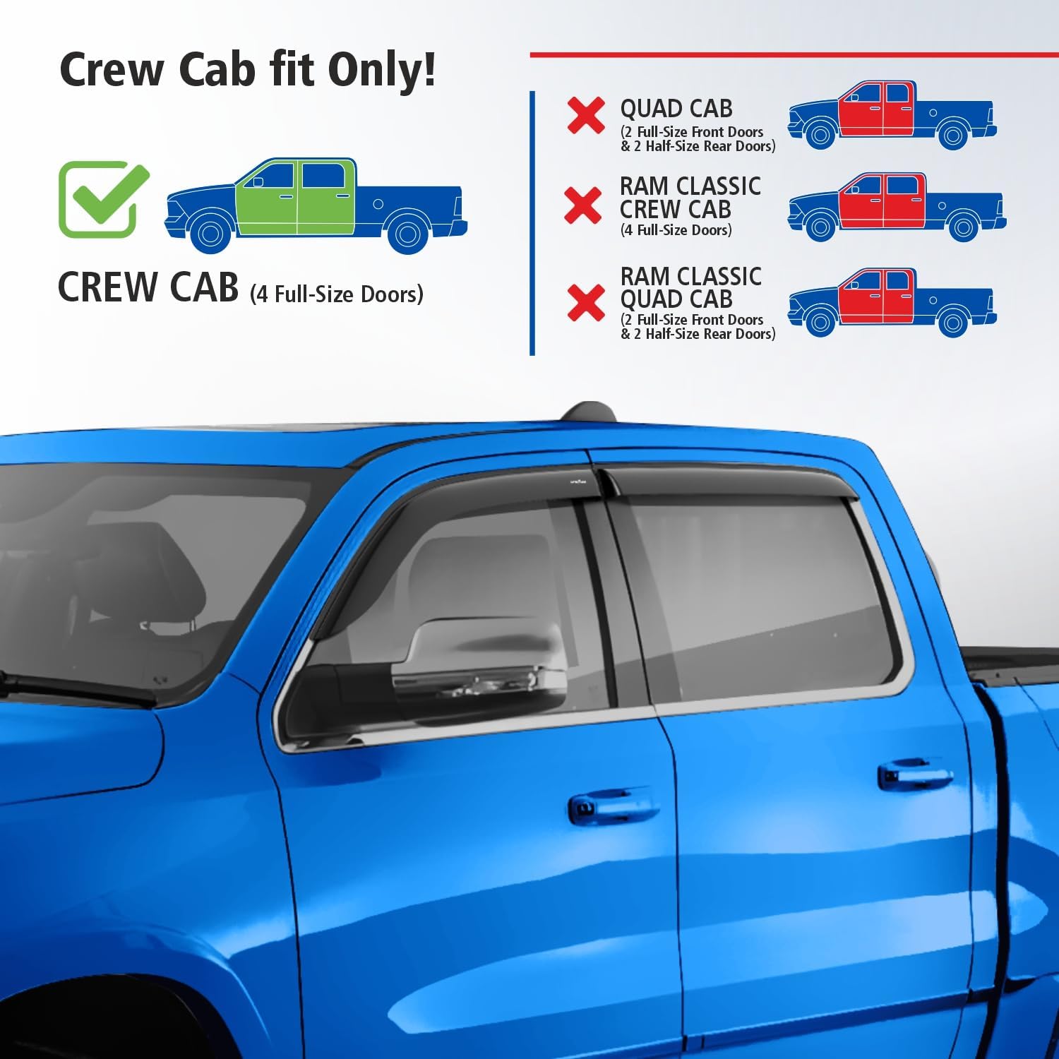 Goodyear Shatterproof Side Window Deflectors for Trucks Dodge RAM 1500 2019-2026 Crew Cab, Tape-on Rain Guards, Window Visors for Cars, Vent Deflector, Vent Visor, Truck Accessories, 4pcs- GY003180LP