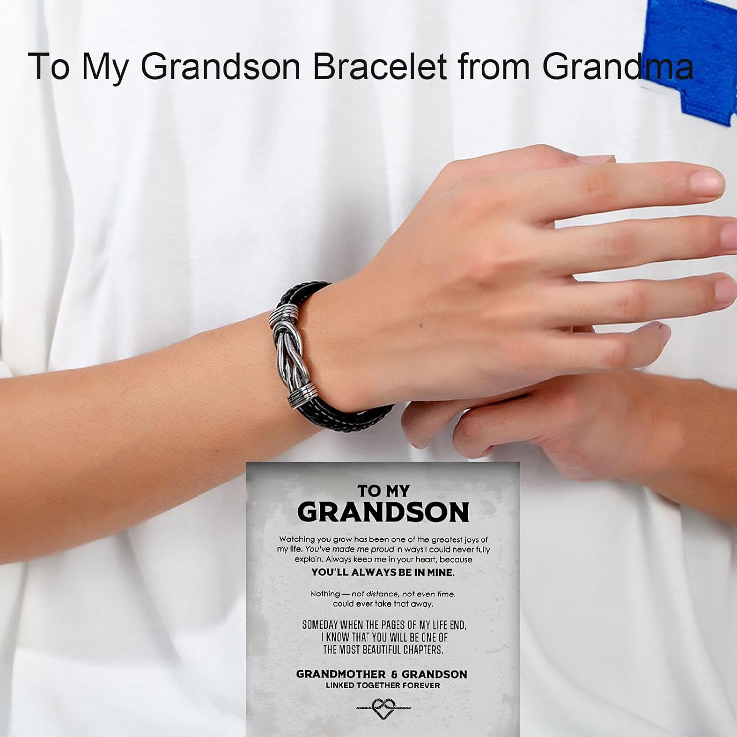 Always In My Heart Keepsake Knot Bracelet, Grandson's Legacy Knot Bracelet Gift Set with Engraved To My Grandson Infinity Leather Bracelets from Grandma Stainless Stee Forever Linked Together Bracelets Jewelry - Image 4