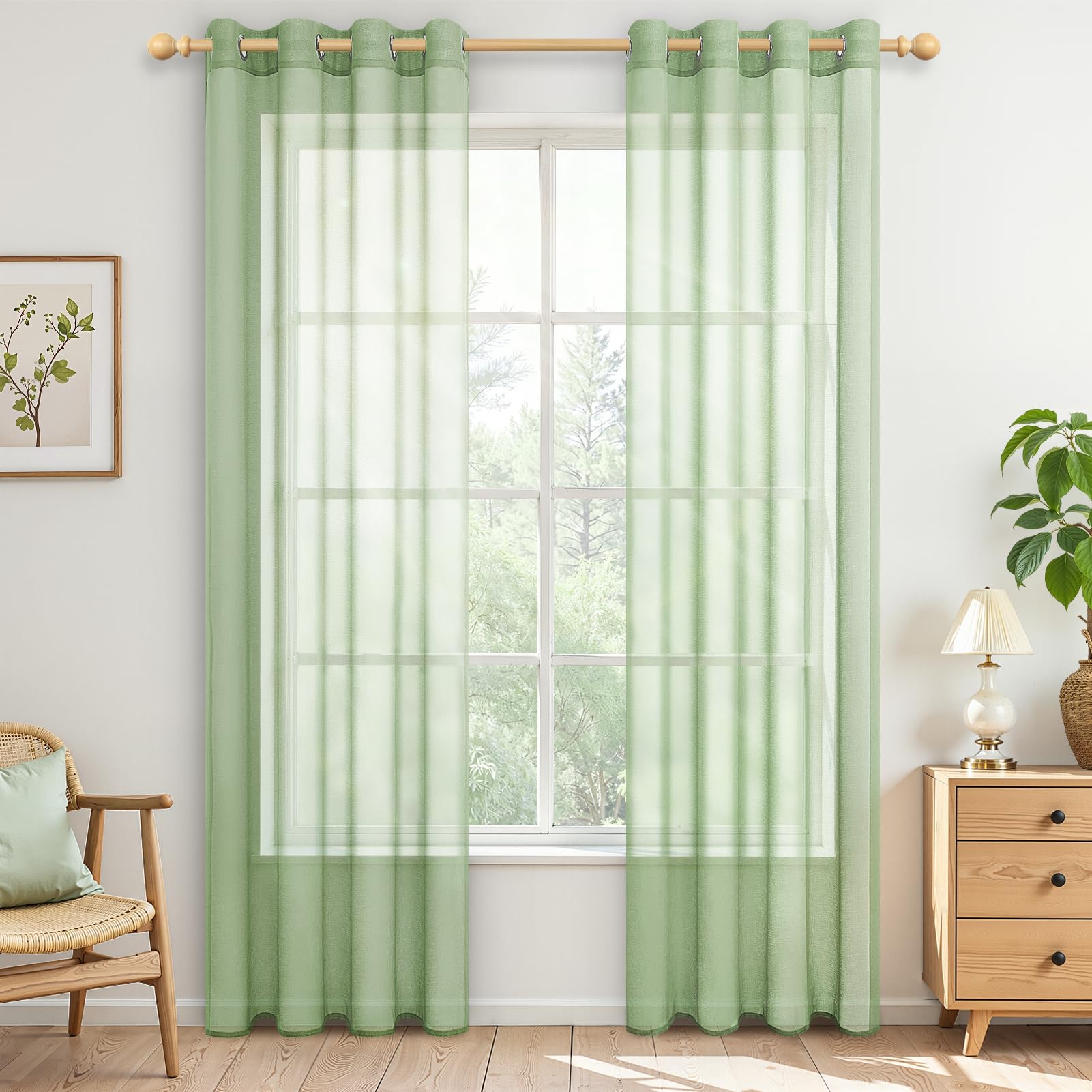 MRTREES Sage Green Curtains with Eyelets, Set of 2, H 230 x W 140 cm, Transparent Curtains for Living Room, Bedroom, Modern Window, Eyelet Curtain, Decorative Curtain