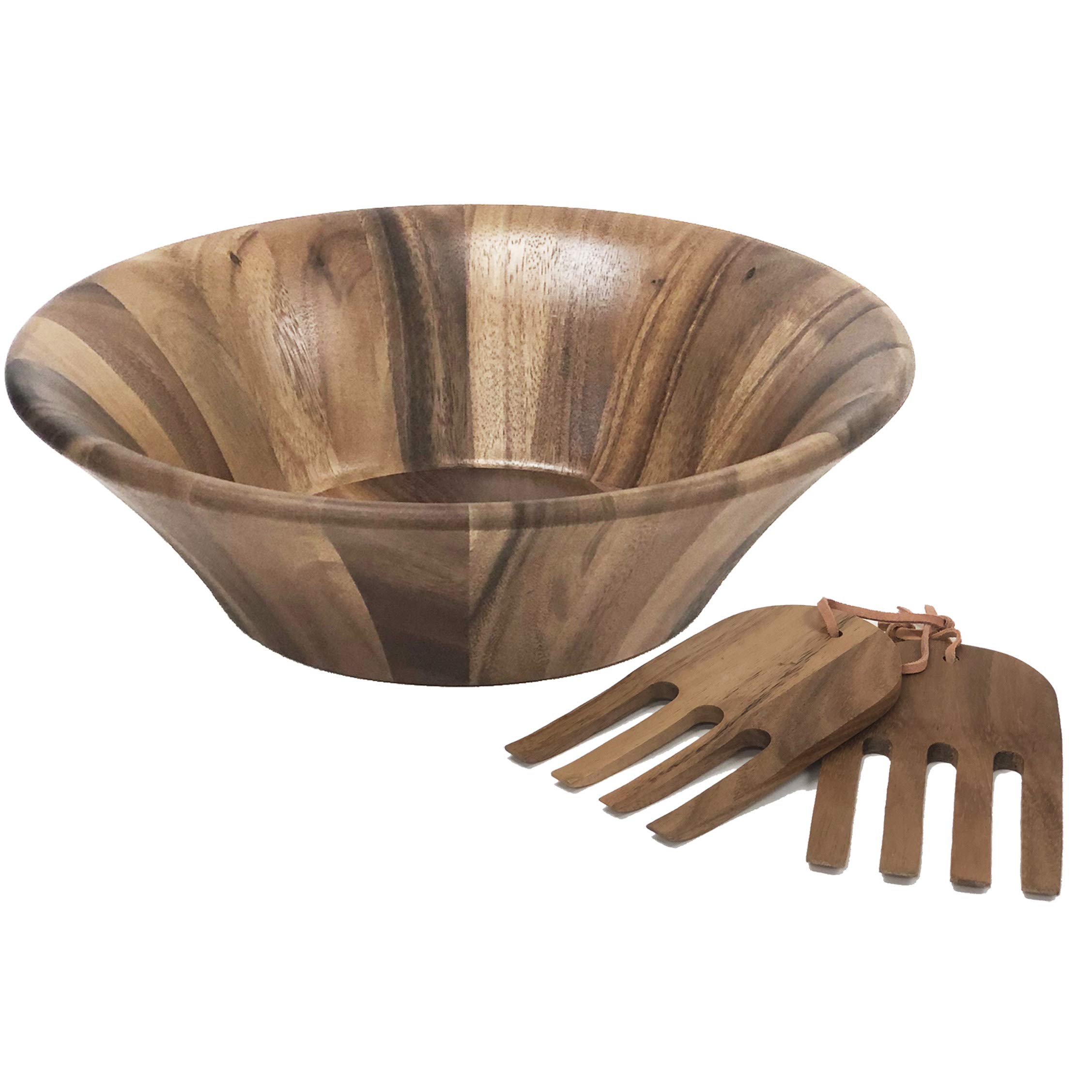 Woodard & Charles - Cuenco de madera de acacia para servir ensalada de 35,5 cm con manos de ensalada, juego de 3 piezas