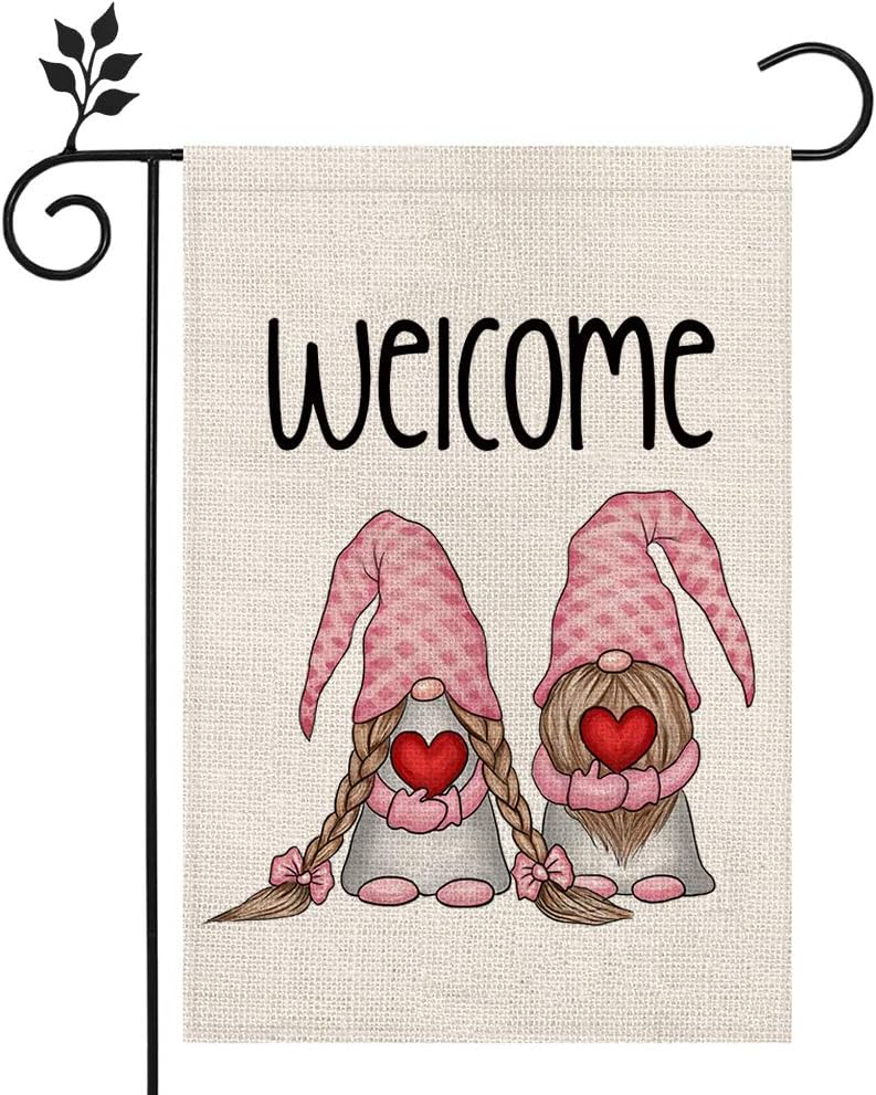 CROWNED BEAUTY Valentines Day Garden Flag 12×18 Inch Vertical Double Sided Valentine Gnome Welcome Flag for Outside Yard Anniversary Wedding Farmhouse Décor CF015-12