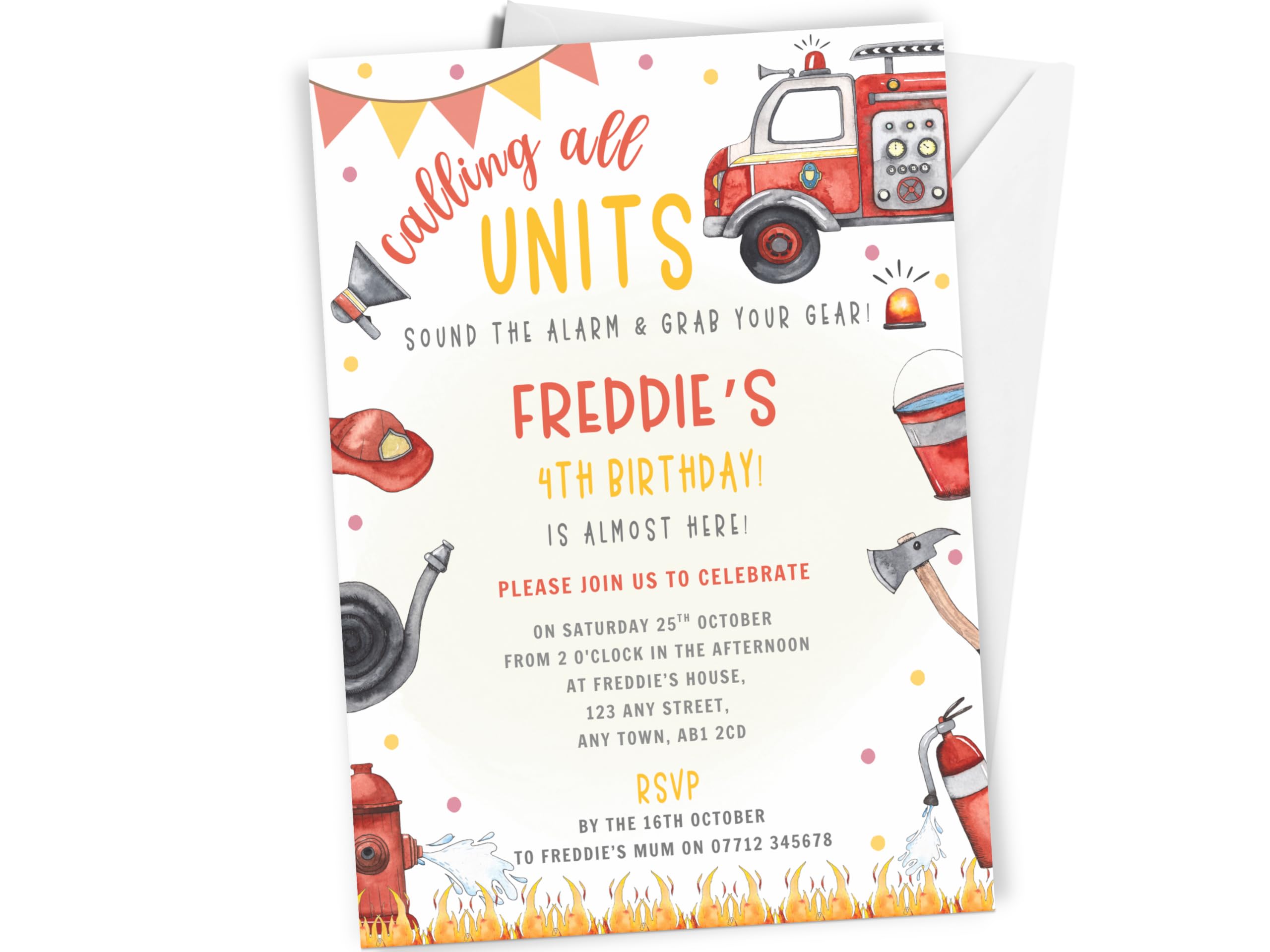 10 x Personalised Fire Engine Birthday Party Invitations with envelopes, Boys or Girls Fire Truck Themed Birthday Invites