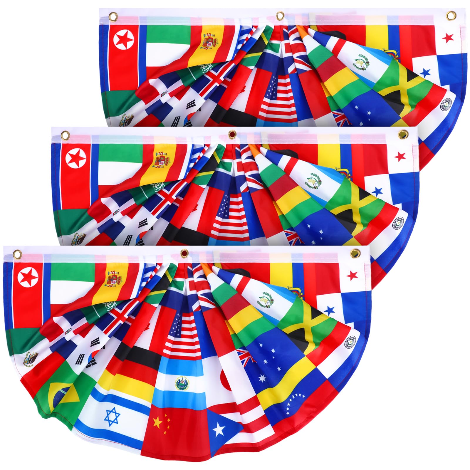 Outus 3 Pcs International World Flag Decorations 1.5 x 3 ft World Pleated Fan Flags Country Flags Bunting Nations Half Circle Flag Banner Backdrop for School Porch Home Outdoor Sports Events