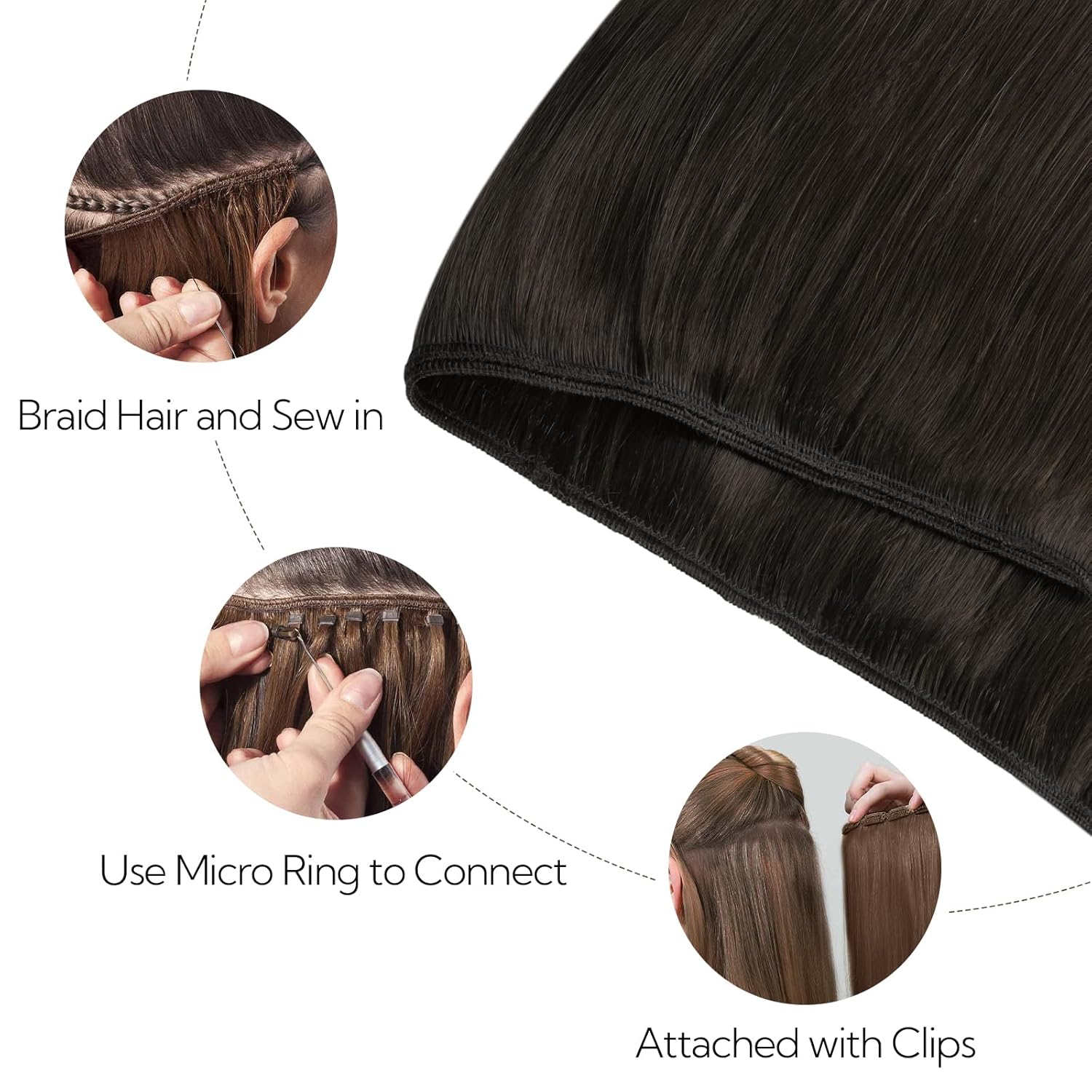 HOTBANANA Sew in Hair Extensions, 16inch 80g Dark Brown Full Head Weft Real Human Hair Extensions Straight