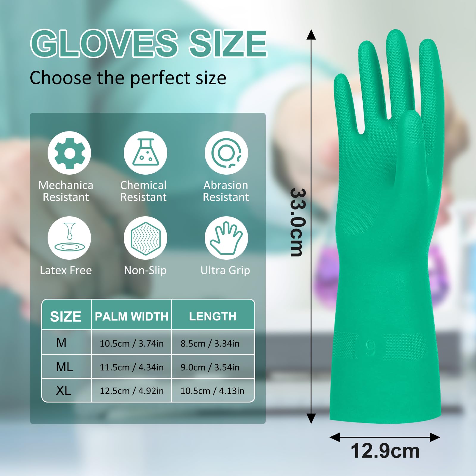Beieverluck 10 pares de guantes de nitrilo resistentes a los químicos, reutilizables, resistentes, guantes de trabajo de seguridad de 12.6 pulgadas de largo, guantes de goma para protección de aceite