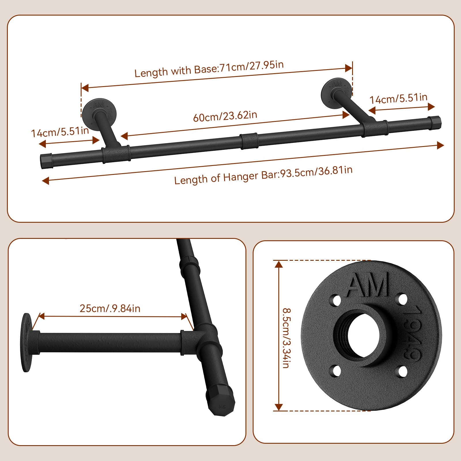 IBUYKE Industrial Pipe Clothing Rack, 94cm Wall Mounted Clothes Rack, Space-Saving Hanging Closet Rod - Image 4