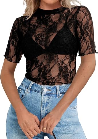 Elesomo Women s Lace Tops Mock Neck Long Sleeve Mesh Blouse Shirts Going Out Top