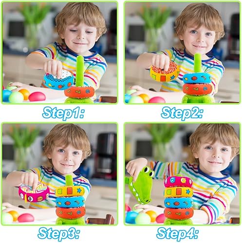 Miniatura 3 de Juego de juguetes apilables de felpa para bebés con forma de cocodrilo, juguetes apilables y anidados, apilador de anillos suaves para bebés,