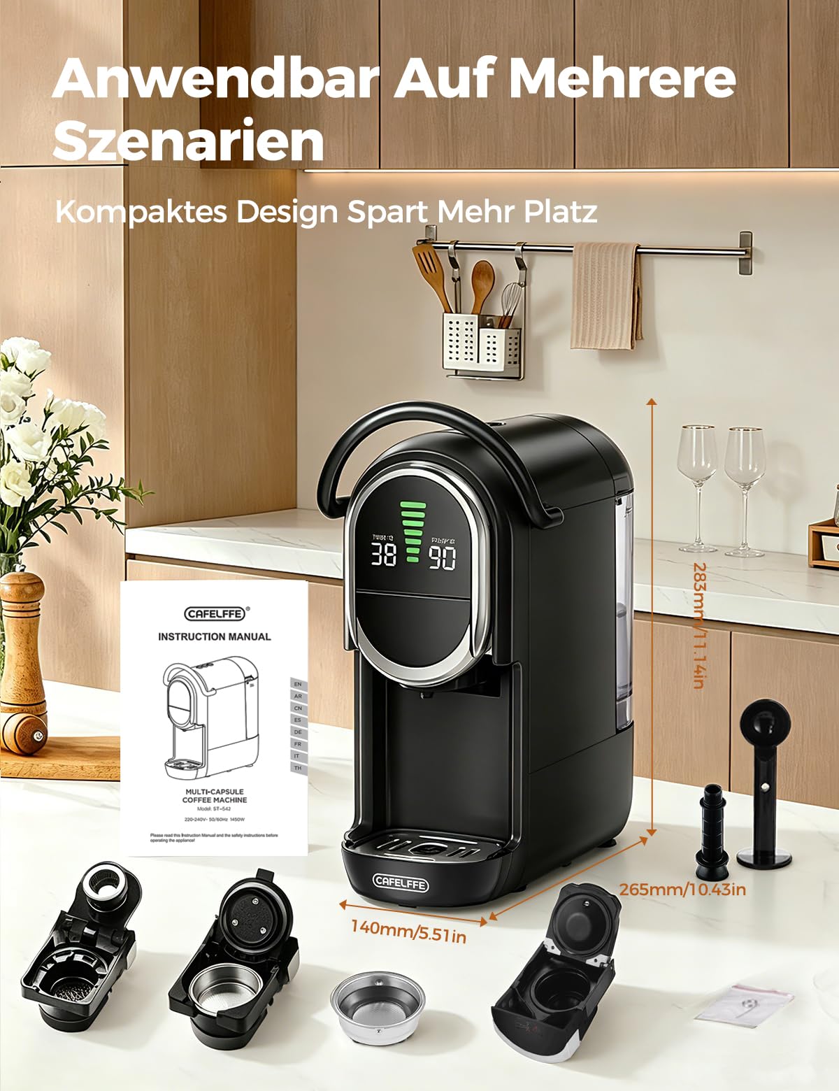 CAFELFFE Ekspres do kawy na kapsułki 4 w 1, 20 bar, zbiornik na wodę 600 ml, 7-stopniowa regulacja ilości wody i temperatury, kompatybilny z wkładami NS*/DG*/ESE i kawą w proszku, czarny