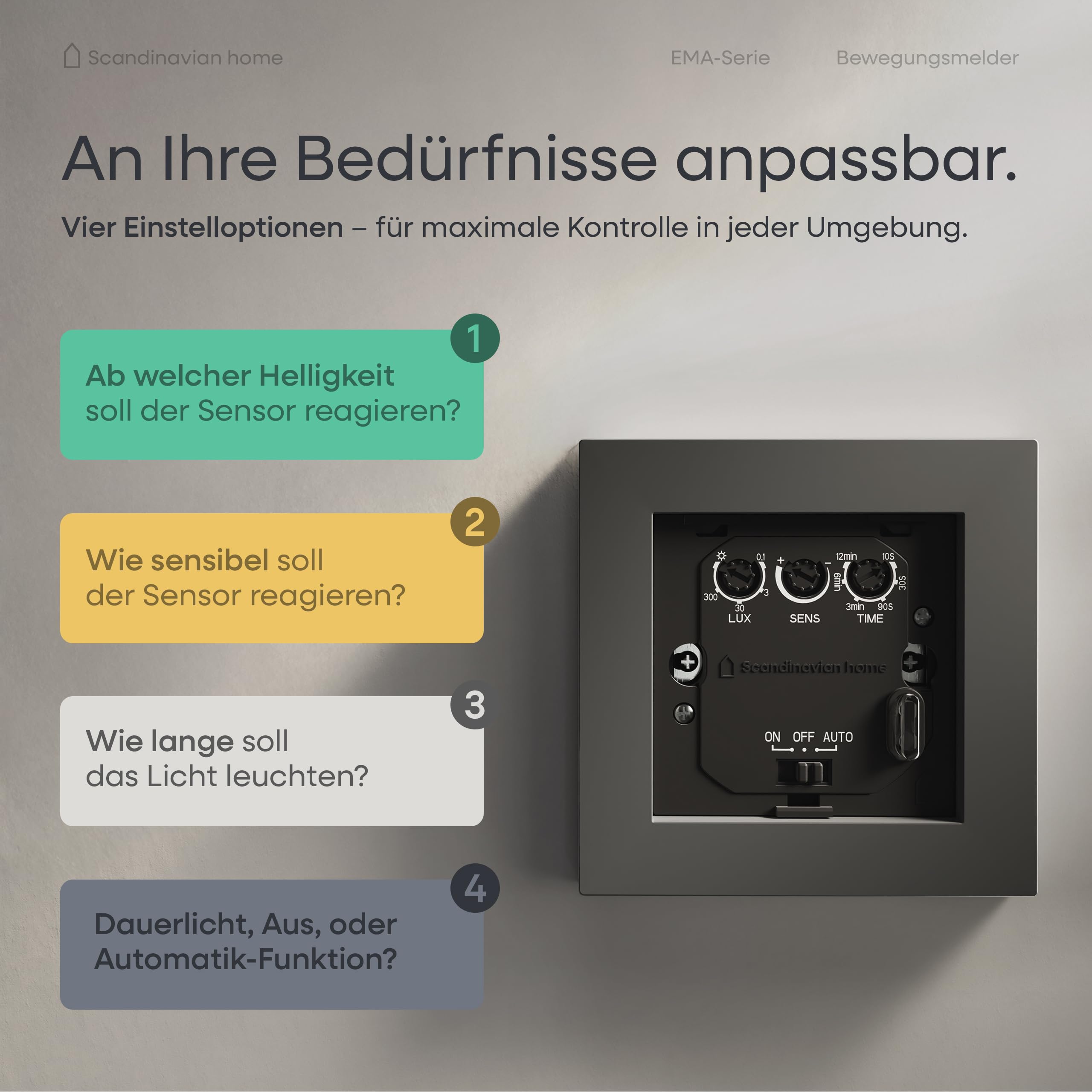 Scandinavian Home - Rilevatore di movimento per interni, con sensore di movimento, misura standard 55-180°, 15 m, con tecnologia a 3 fili/neutro per LED, montaggio a incasso, antracite opaco