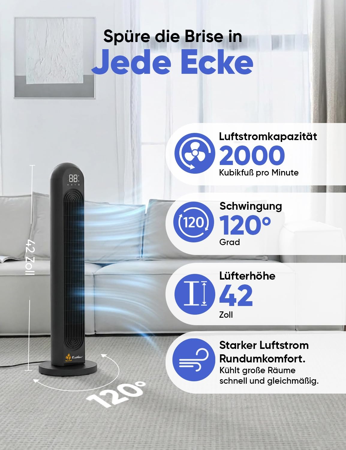 EcoNour Ventilador de torre inteligente de 42 pulgadas | Ventilador oscilante silencioso con WiFi, Alexa y mando a distancia | 12 velocidades, 4 modos, temporizador de 12 horas, pantalla LED táctil