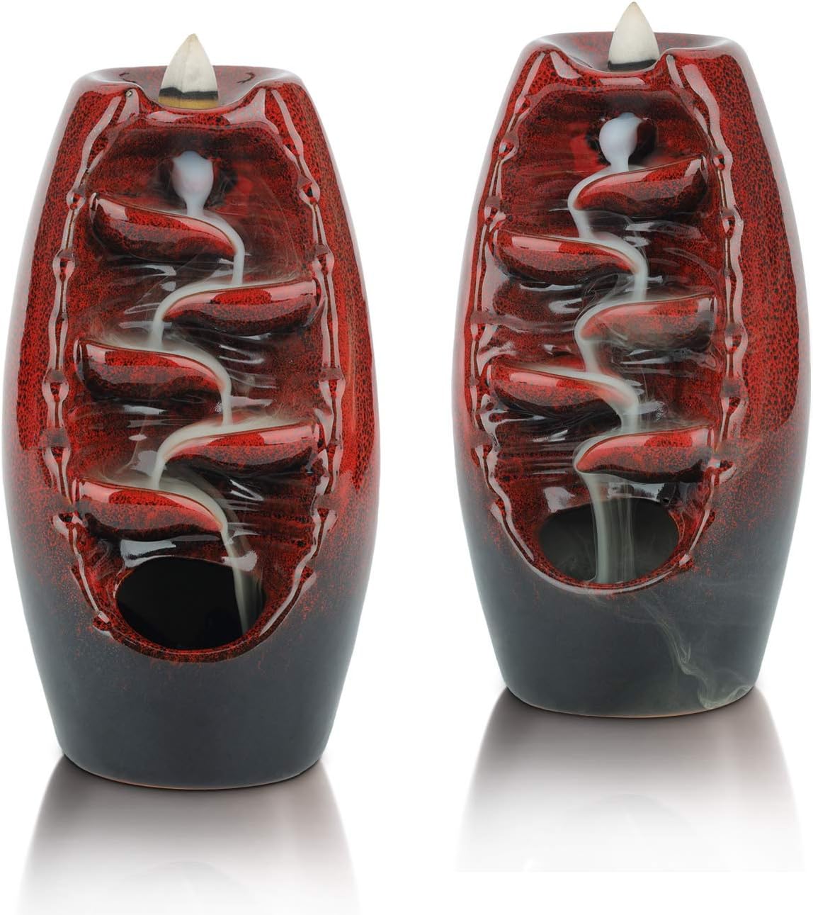 ComSaf Backflow Incense Burner, Ceramic Waterfall Incense Holder, Handmade Porcelain Censer Incense Cones Holder, Aromatherapy Ornament Gift for Home Decor Yoga Spa Meditation, Red，2PCS