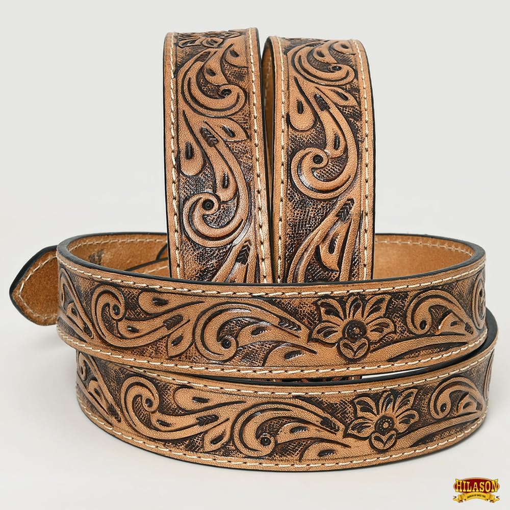 HILASON Western Genuine Leather Belt for Men Women Cowboy Cowgirl Handmade Unisex Full Grain Heavy Duty Floral Tooled