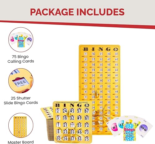 Miniatura 41 de MR CHIPS Tarjetas de bingo a prueba de atascos con ventanas deslizantes, 25 tarjetas de obturador de bingo reutilizables, 75 tarjetas de llamadas