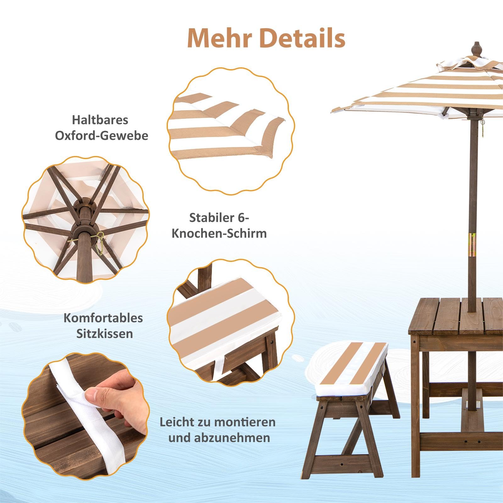 SOARS Set di Tavolo Picnic per Bambini con Ombrellone Regolabile, Panche per Bambini in Legno di Abete con Parasole e Cuscini Morbidi, Tavolo e Panchine Pranzo da Giardino e Parco (Marrone)