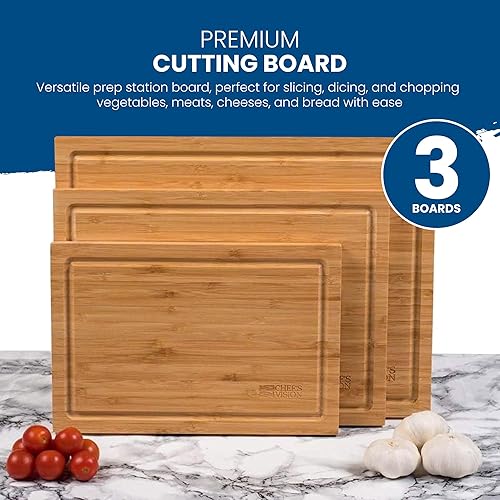Miniatura 6 de Chef's Vision Juego de tablas de cortar de bambú, tablas de cortar de madera orgánica de 3 piezas para cocina, tabla de cortar de bambú duradera, no