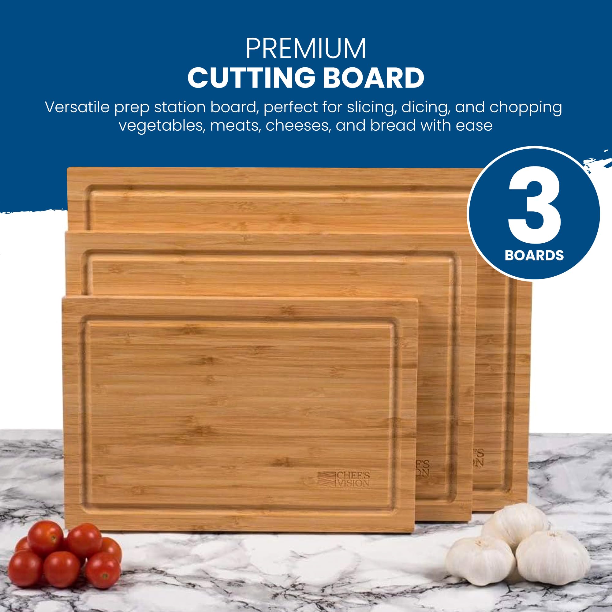 Juego de Tablas de Cortar de Bambú Chef's Vision - Set de 3 Tablas de Cortar de Madera Orgánica para Cocina - Tabla de Cortar Duradera y Ecológica para Cocina-Tamaños Extra Grande, Grande y Mediano