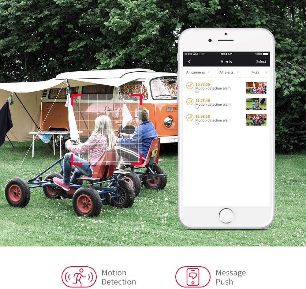 Smartphone screen displaying motion detection alerts from the Foscam app, with a scene of children playing.