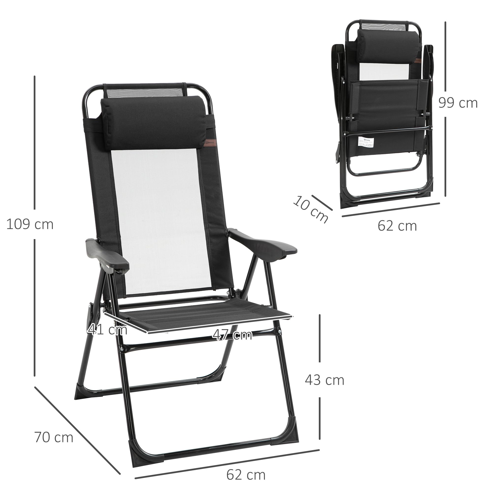 Outsunny Conjunto de 2 Sillas de Camping Plegables Sillas de Jardín con Reposacabezas Desmontable y Respaldo Reclinable en 5 Niveles Carga 120 kg para Terraza Playa 62x70x109 cm Negro