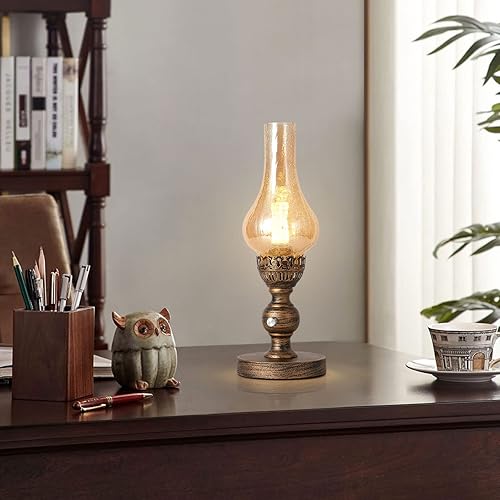 Miniatura 2 de Lámpara de mesa de cristal retro, E26 bronce para escritorio de oficina, lámpara de noche industrial de 16.5 pulgadas, lámpara de noche LED