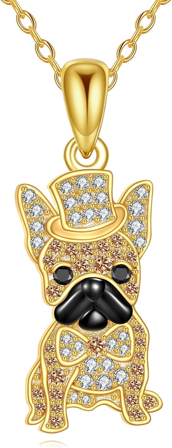 POPLYKE French Bulldog Necklace for Women Sterling Silver Gold Plated Dog Necklace with Cubic Zirconia Jewelry for Women For French Bulldog Lover