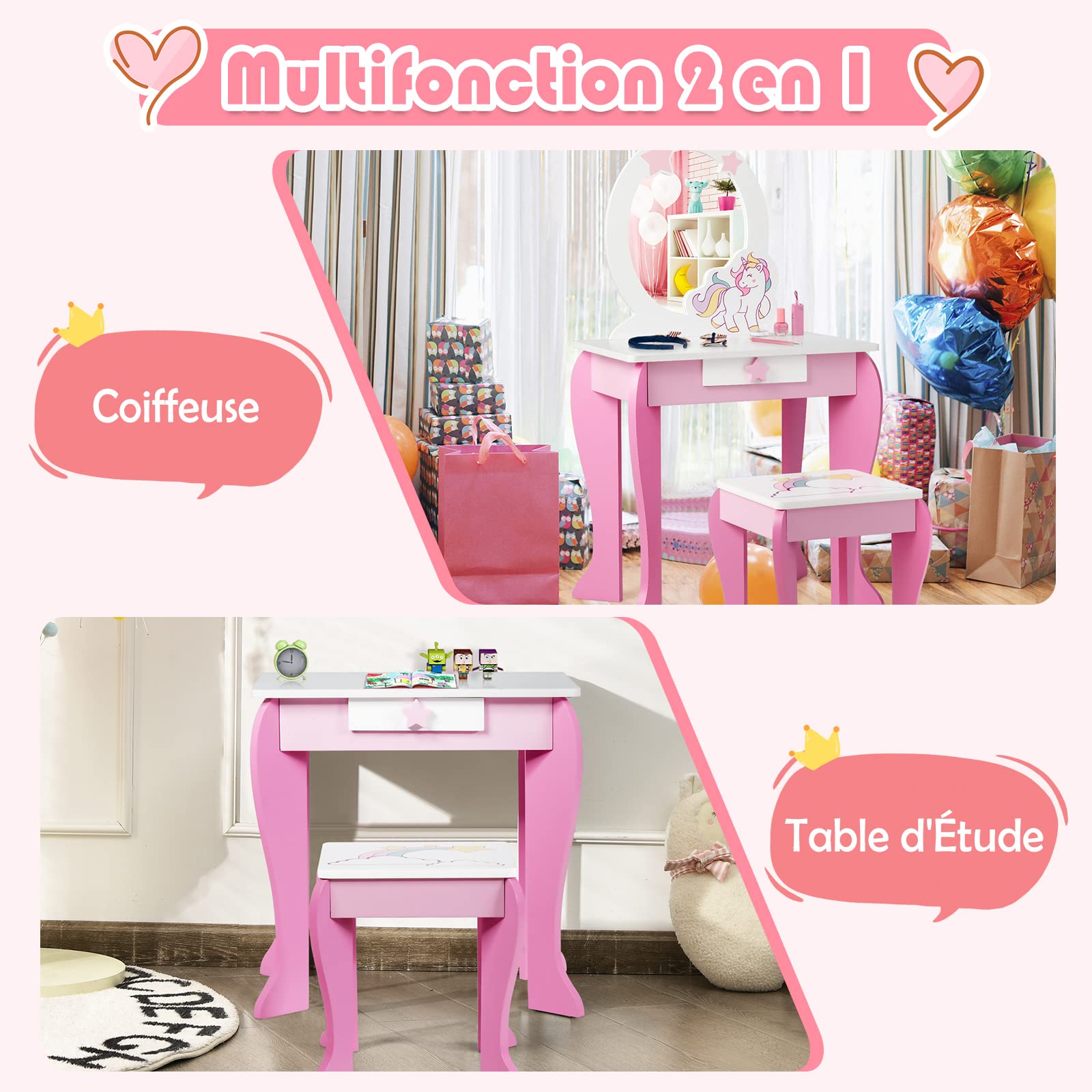 GOPLUS Coiffeuse Enfant Fille, Table de Maquillage avec Tabouret et Miroir Amovible, Table Fille Motif Licorne avec Tiroir, Bureau Coiffeuse, Chambre d’Enfant,49X34X89,5CM (Rose)