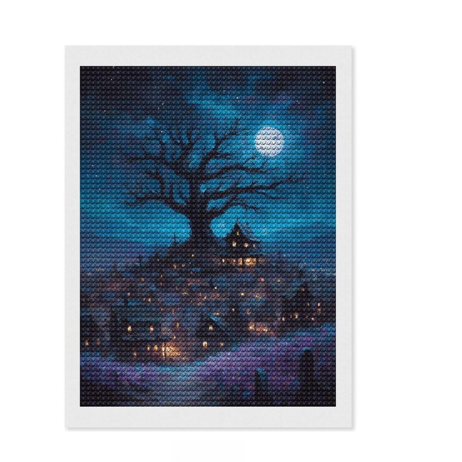 Junmoney Eerie Village Under Moonlight Diamond Painting Set 12"x16", Birthday Gift, Vintage Style Decor, Modern Decor, Seasonal Gift Choice, Creative Hobby