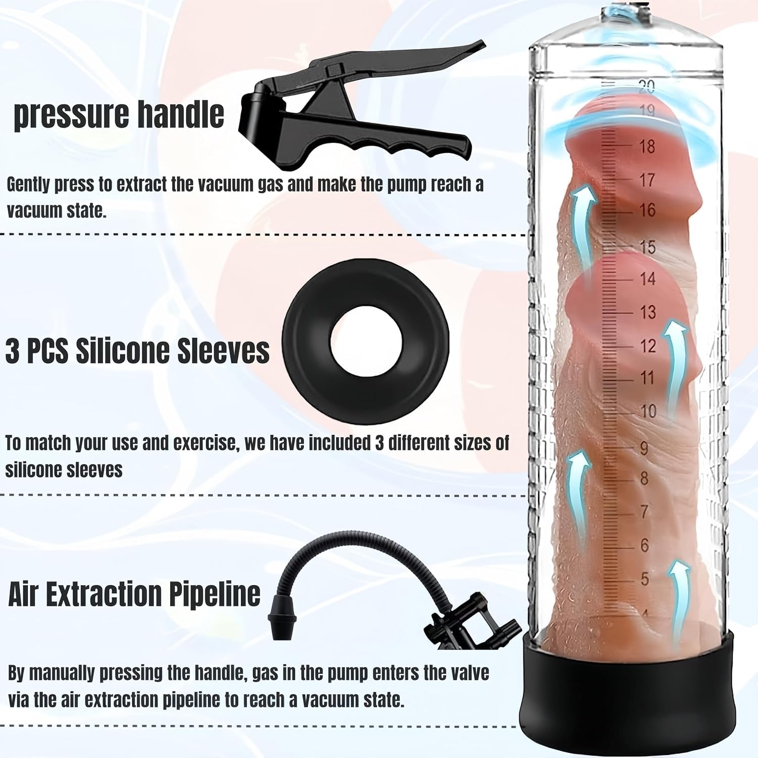 Pompe del pene - Pompa di vuoto e aria per l'ingrandimento del pene, ingrandimento manuale, giocattoli erotici per l'esercizio della funzione erettile maschile