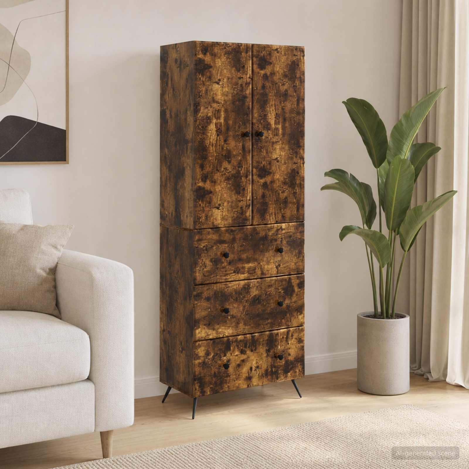 Zestaw szaf 2 szt. z materiału drewnopochodnego w kolorze wędzonego dębu o wymiarach 66 x 34,5 x 90 cm, 3 szuflady, 2 półki, 2 drzwi, uniwersalna przestrzeń do przechowywania do biura