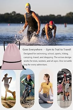Water-Resistant String Bag for Women Men with Shoes Compartment and Zippered Pocket for Soccer, Basketball, Swim, Pink, 16.5*19 inches, Multi-functional Large-capacity Drawstring Gym Bag
