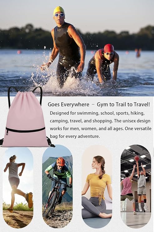 Water-Resistant String Bag for Women Men with Shoes Compartment and Zippered Pocket for Soccer, Basketball, Swim, Pink, 16.5*19 inches, Multi-functional Large-capacity Drawstring Gym Bag
