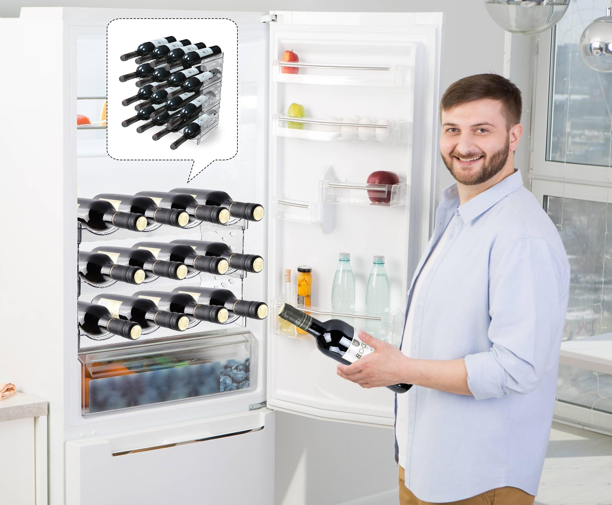 4 Pièces Range Bouteille Frigo Empilable Porte Support Rangement Bouteille Vin Eau Vertical Casier à Bouteilles Plastique Contenir Jusqu'à 16 Bouteillespour Comptoirs de Cuisine Armoire Réfrigérateur