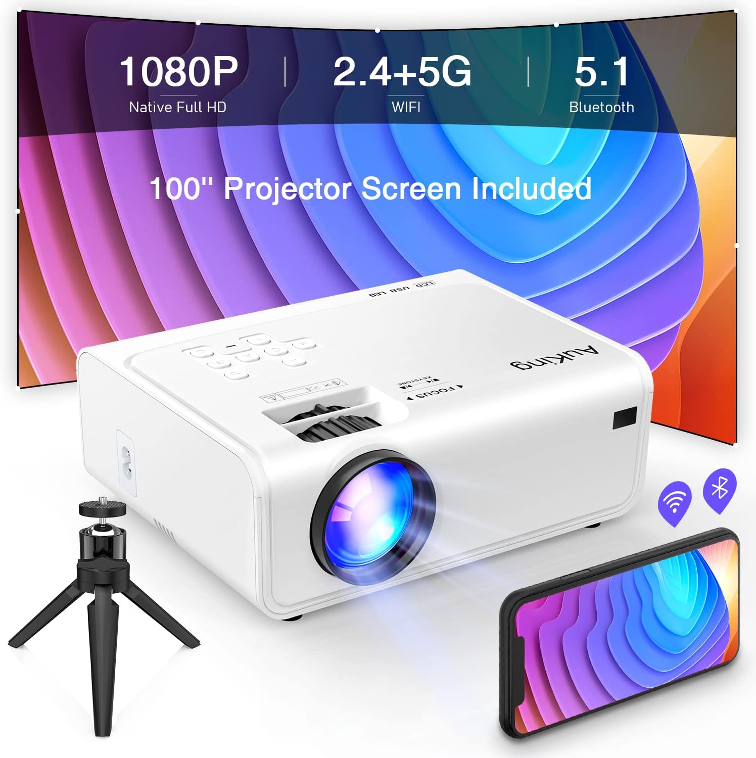 AuKing Projector with WiFi and Bluetooth, 5G Native 1080P Projector 4K Supported (Beige)