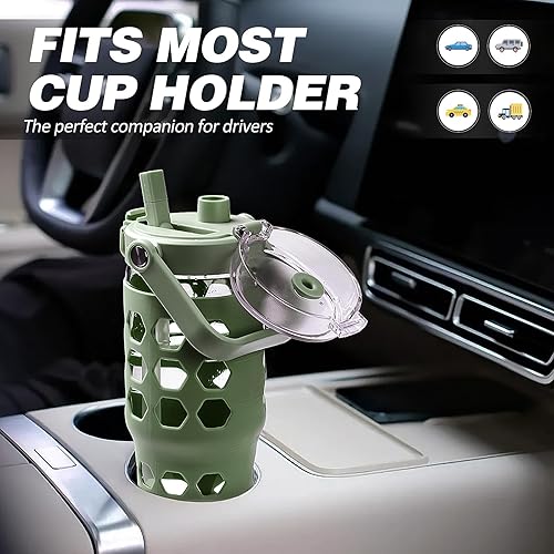 Miniatura 6 de MUKOKO Vaso de vidrio de 32 onzas con popote, botellas de agua de vidrio con marcador de tiempo, taza de café helado con funda de silicona, botellas