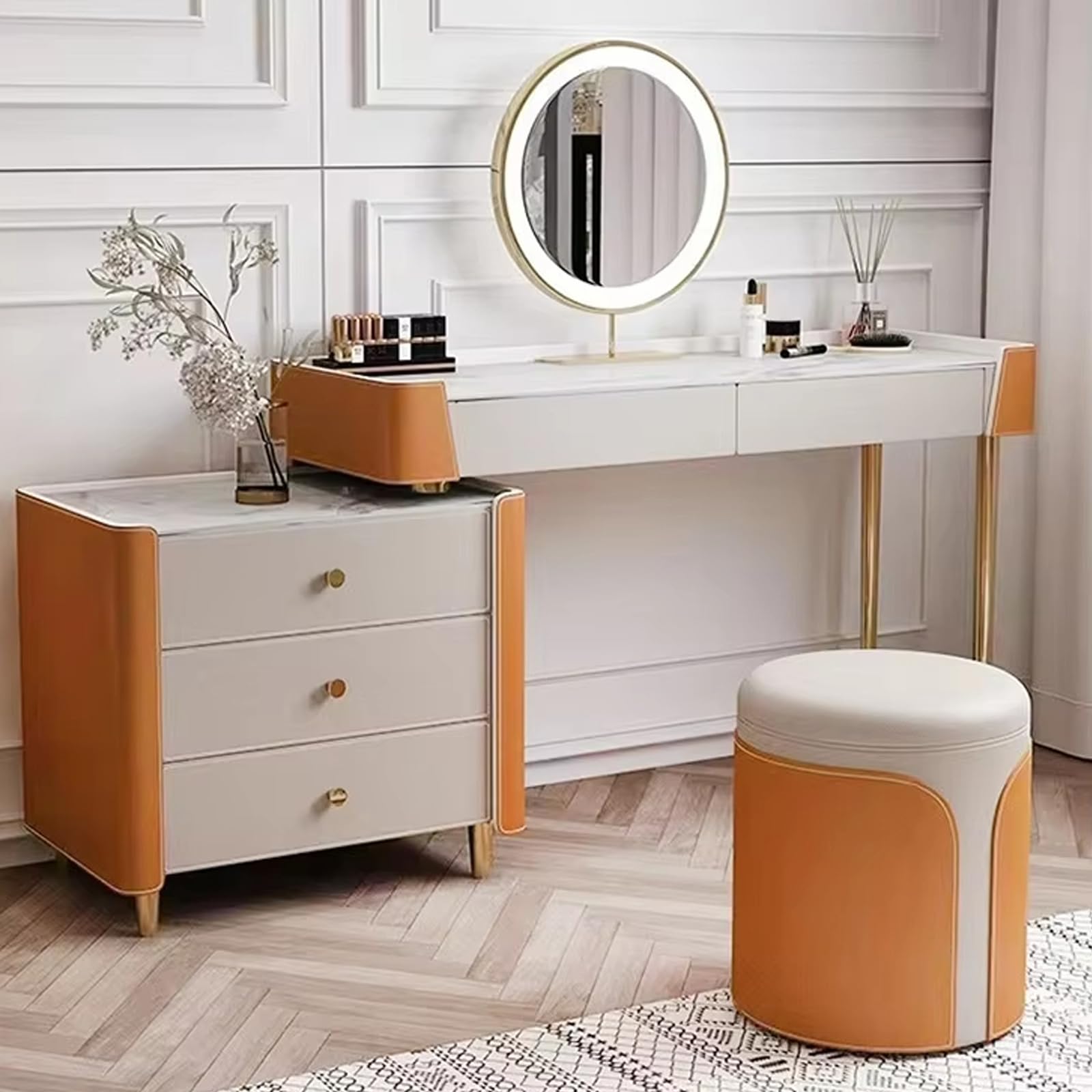 Sgabello Rotondo in Pelle, Poggiapiedi con Base in Oro, Sedia per Trucco Ottomana Rotonda, Sgabello per Manicure Moderno, Sgabello Poggiapiedi per Sala Trucco Soggiorno Camera da Letto,Arancia