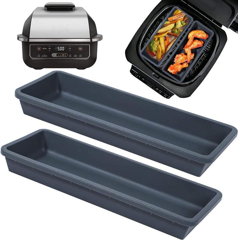 2-Pack Silicone Veggie Serving Trays, Ninja Foodi AG300 & AG400 Series Indoor Grill Accessories Rectangle Pan 9 x 3.5 x 1 Inch, Air Fryer Oven Safe Non-stick Baking Dual Liner Mold, BPA Free