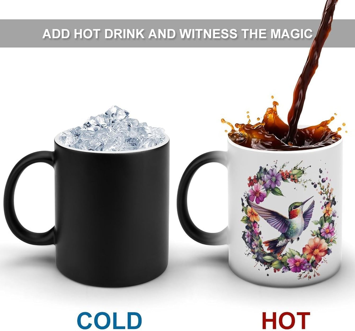 Hummingbird Bird Wreath Color Changing Mug Heated Ceramic Cup Heat Sensitive Coffee Mug Fun Gift