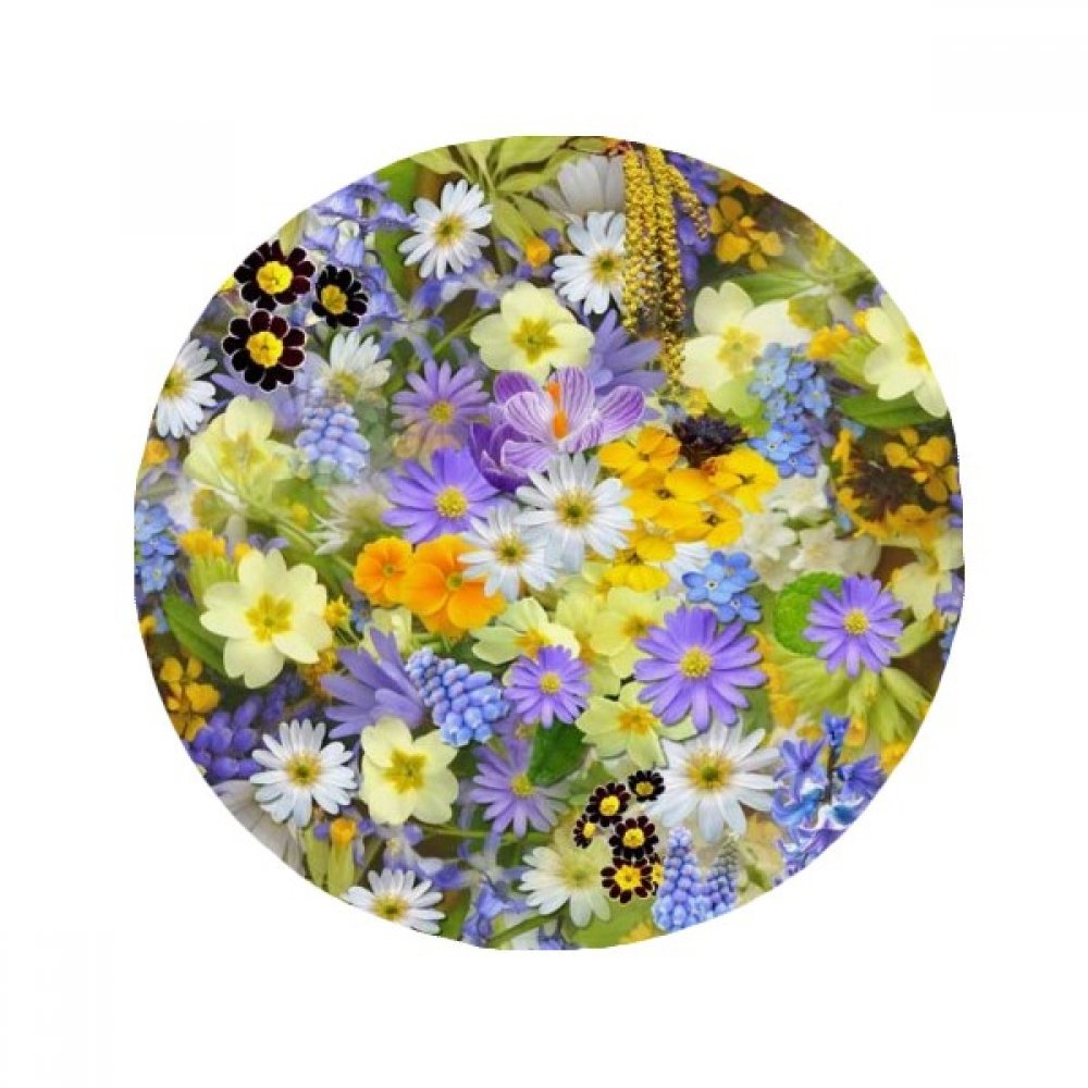 Tapis anti-slip rond 80cm imprimé fleurs bleues et arbustes jaunes