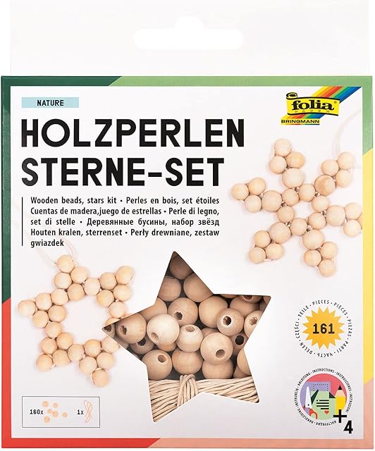 folia 22520 22520 zestaw drewnianych koralików naturalnych, zestaw do majsterkowania z 160 drewnianymi kulkami i złotym sznurkiem do nawlekania, do majsterkowania gwiazd i zawieszek, wielokolorowy